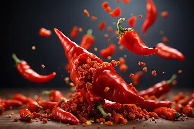 Red hot chili peppers with flying powder on wooden table over dark background