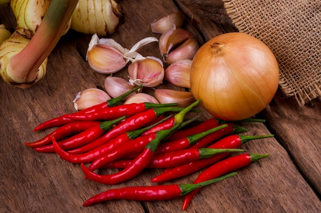 Red hot chili peppers in wood bowl on old wooden table background