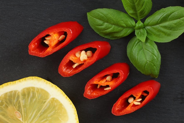 Red hot pepper sliced on slate