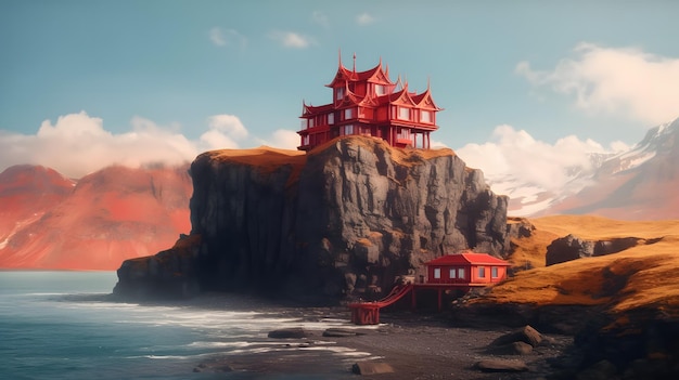 A red house on a cliff overlooking the ocean