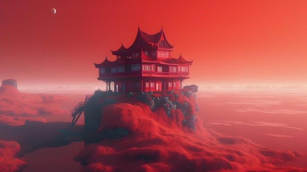 A red house on a cliff with a red sky in the background.