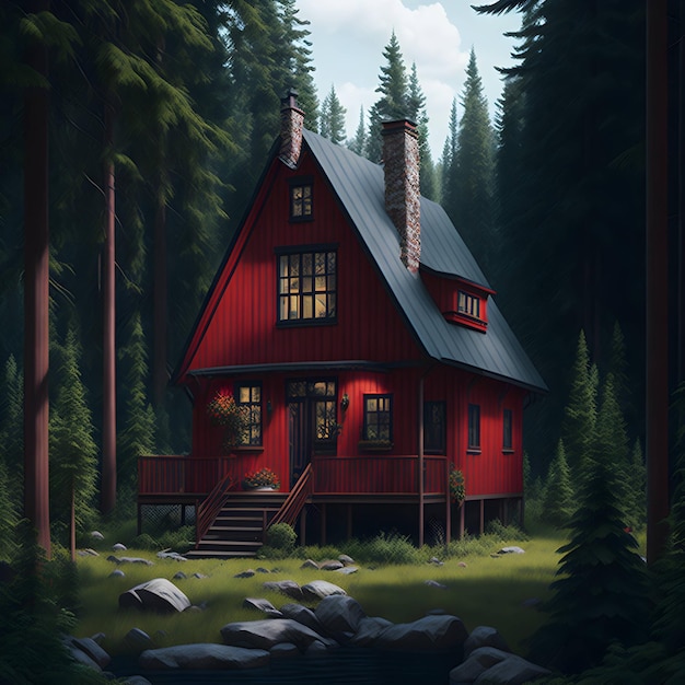 A red house in a forest with a blue sky behind it.