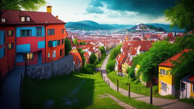 A red house is on a hill with a castle in the background.