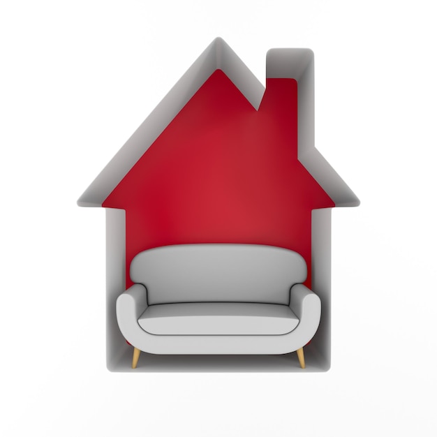 Red house and leather sofa on white background Isolated 3D illustration