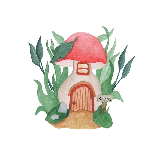 Red house mushroom nature watercolor