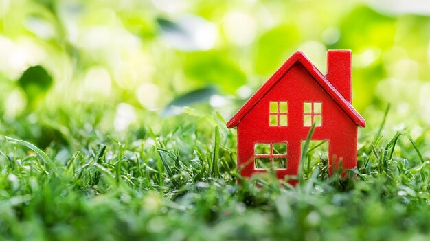 a red house sits in the grass with the word  on the bottom