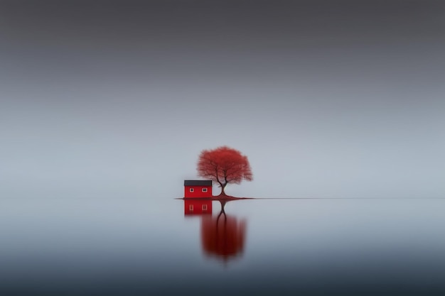 A red house on a small island with a tree on the water