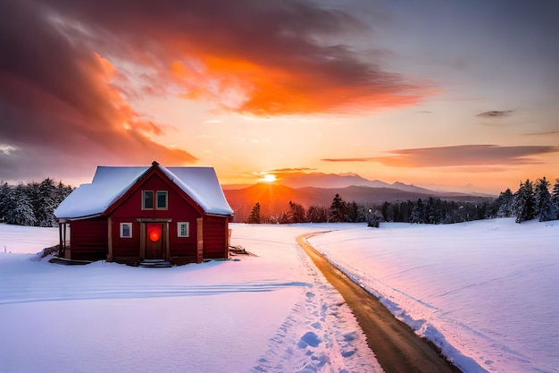 A red house in the snow with the sun setting behind it