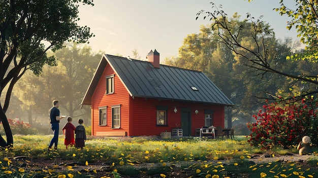 a red house with a black roof and a red house with a couple of children in front of it