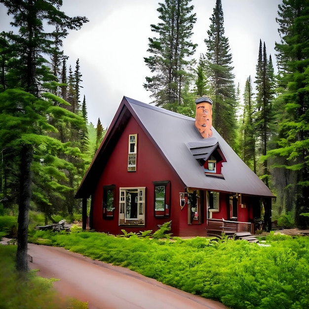 A red house with a chimney on the roof