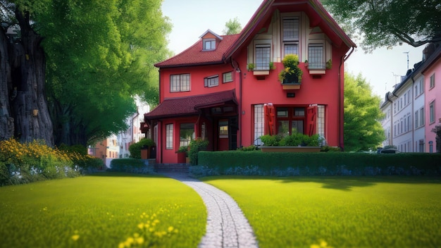 A red house with a green lawn and a sidewalk leading to it.