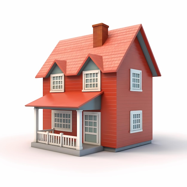 A red house with a white roof and a white roof.