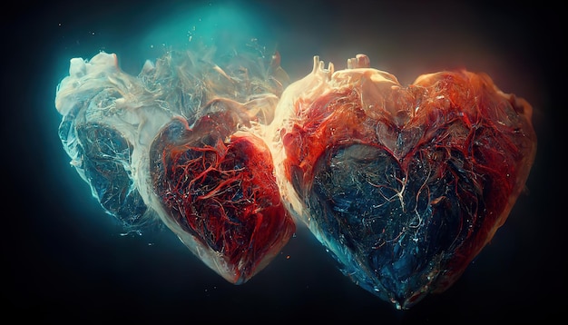 Red human heart with blood vessels and veins. Illustration on the theme of love, art, anatomy.