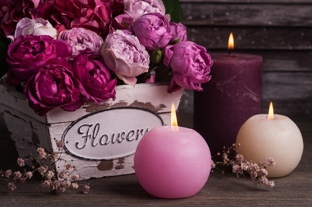 Red hydrangea flowers and pink roses