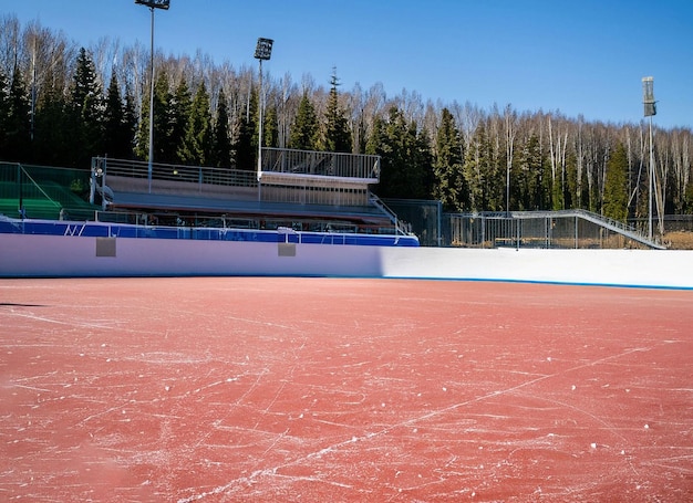 A red ice rink with a blue wall and a sign that says ice hockey on it.