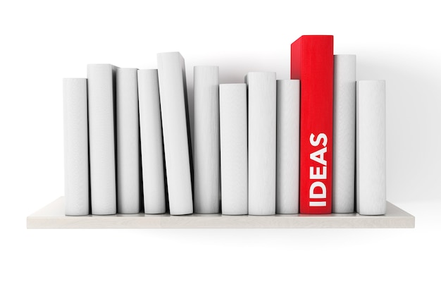 Red Ideas Book on a shelf with another blank books ion a white background