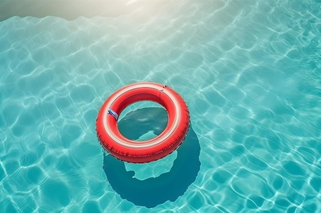 A red inflatable ring floating in a pool with the word pool on it.