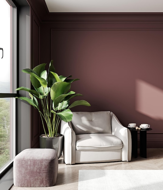 Red interior with white lounge chair and a vase with plant 3d rendering