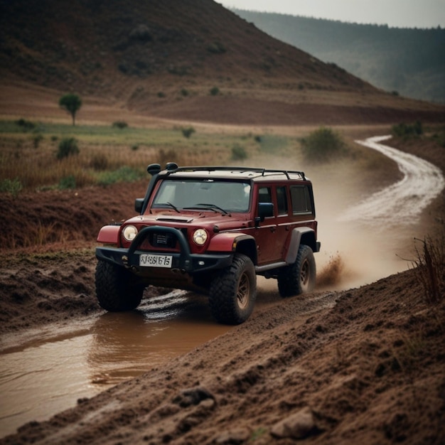 a red jeep is driving through a muddy puddle