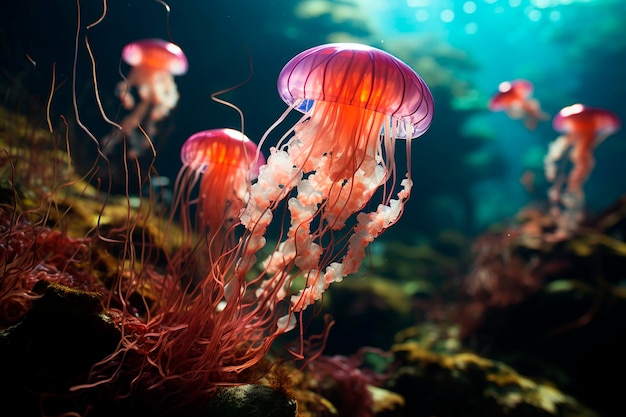 Red jellyfish in the dark seagenerative ai