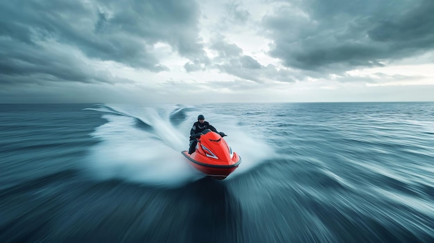 Photo a red jet ski cuts through the water leaving a trail of white foam under a cloudy sky