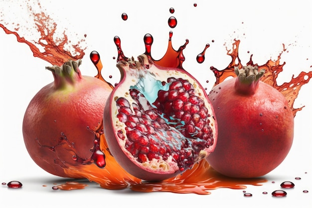 Red juice spattered pomegranates isolated on a white background with a clipping path