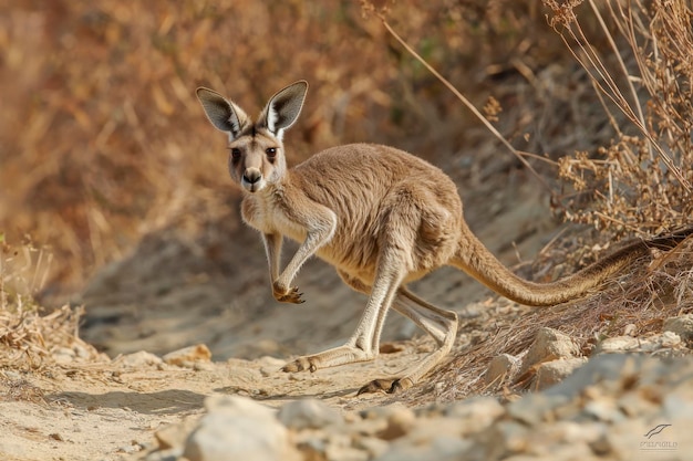 A Red Kangaroo Leaping Through Dry Bushland