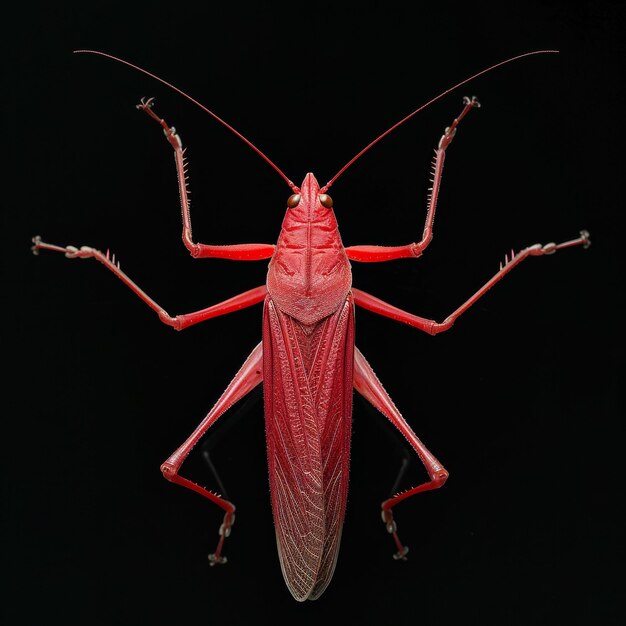 a Red Katydid on dark Background top view