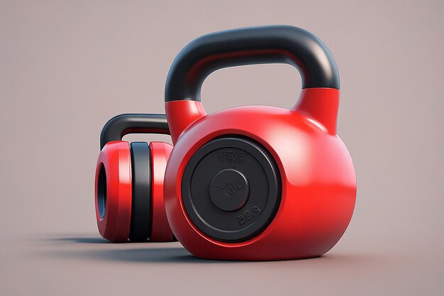 Photo red kettlebell with black washers in 3d rendering