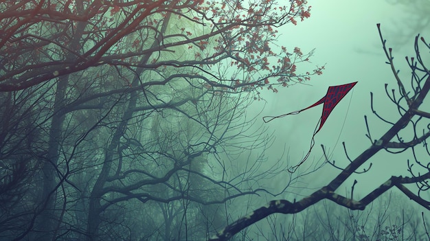 A red kite flies high above a dark misty forest