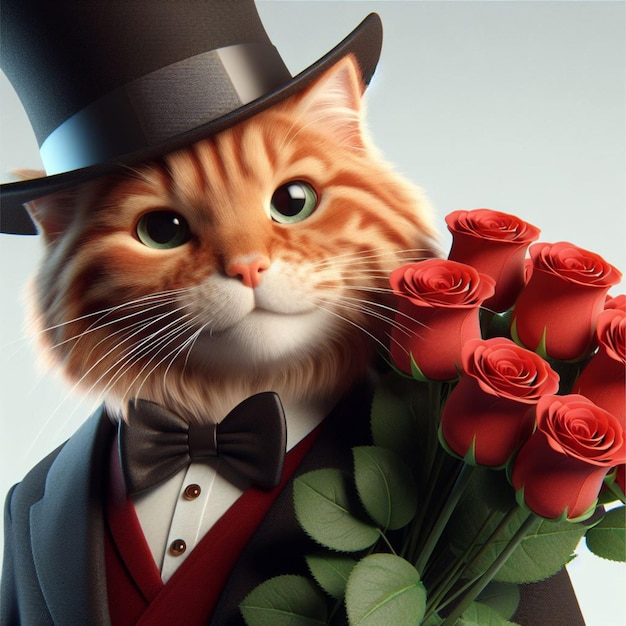 Red kitty with a bouquet of red roses