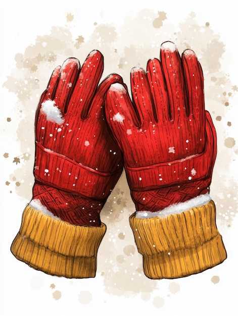 Photo red knit gloves with yellow cuffs on a snowy background