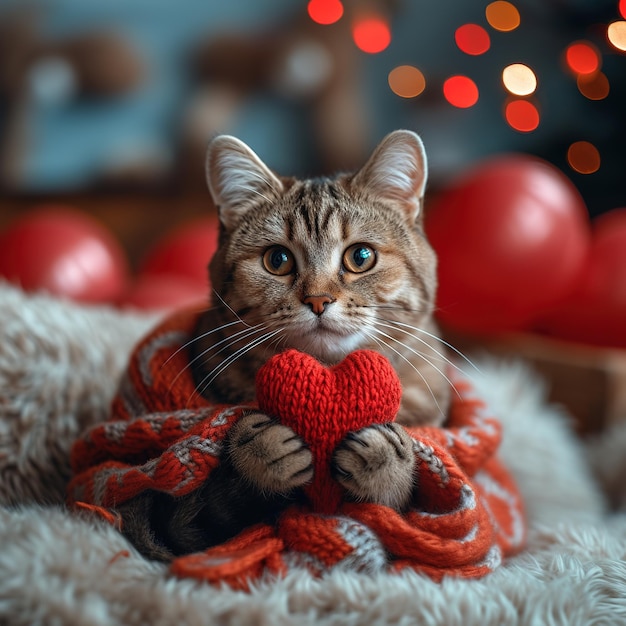 A red knitted heart in the paws of a cat A postcard with a gray and black fluffy cat