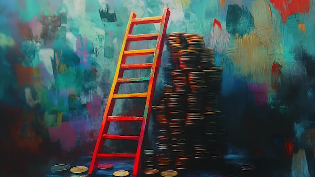 Photo red ladder leading to a tower of gold coins against a colorful abstract background