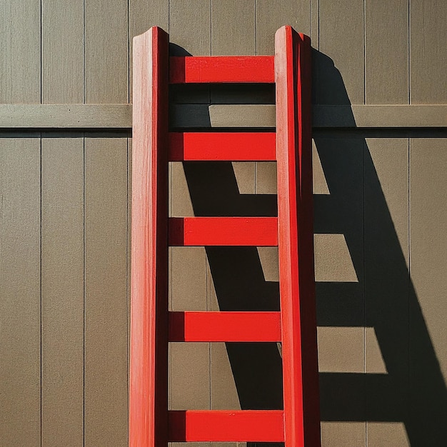 a red ladder leaning against a wall with a shadow of a sign that says quot the word quot on it