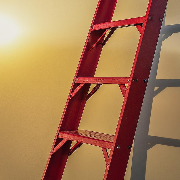 a red ladder with the sun shining on it