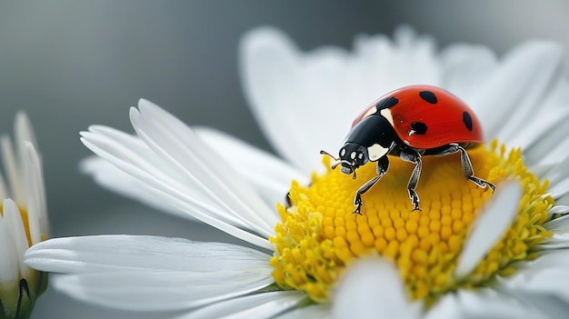 A red ladybug sits on a white daisy The ladybug has black spots on its back The daisy has yellow pollen The petals of the daisy are white