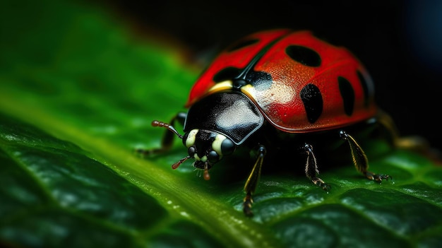 Red ladybug with open wings on Green Leaf Beautiful ladybug