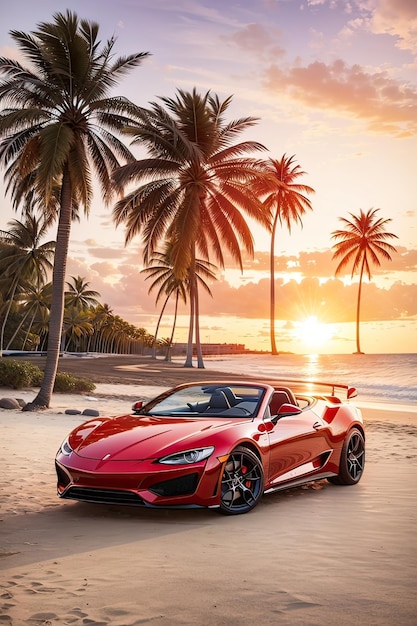 Red Lamborghini Huracan GT3 on the beach during sunset