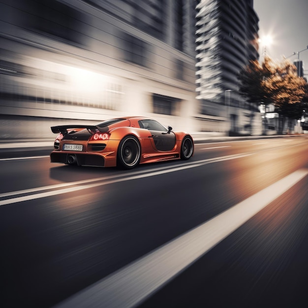 A red lamborghini is driving down the road in front of a building.