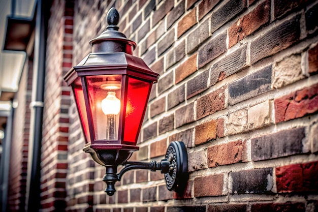 a red lamp on a brick wall with a brick wall behind it