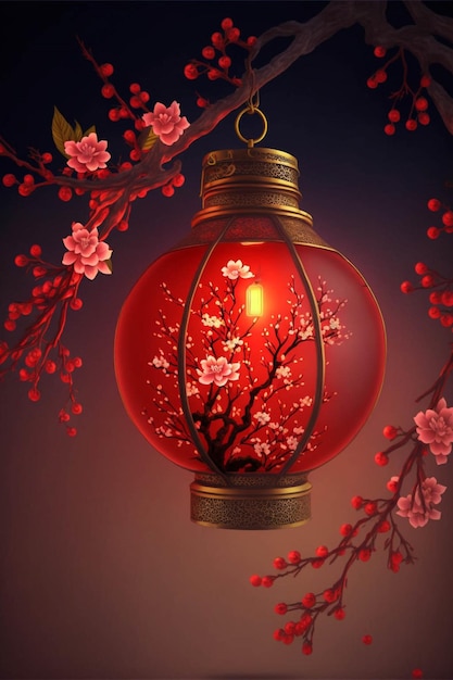 Red lantern hanging from a tree branch generative ai