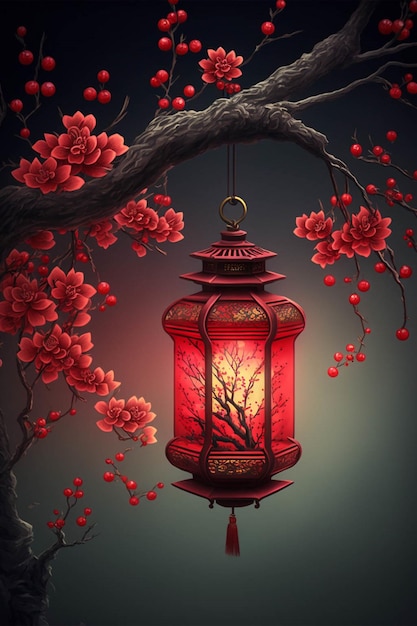 Red lantern hanging from a tree with red flowers generative ai