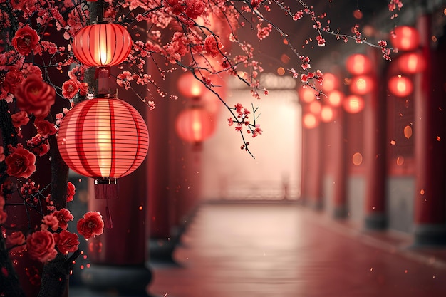 Red lanterns along a dark corridor full of lights and flowers