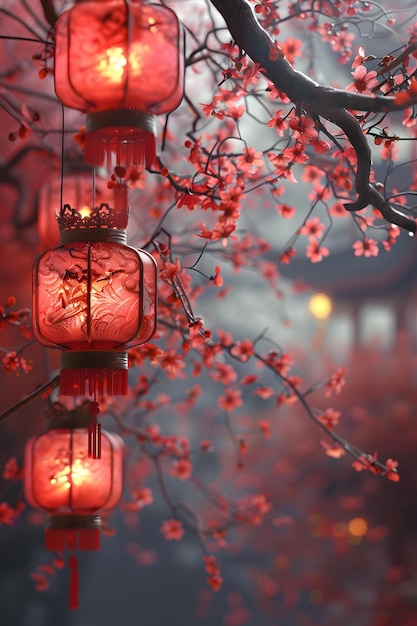 Red lanterns and cherry blossoms