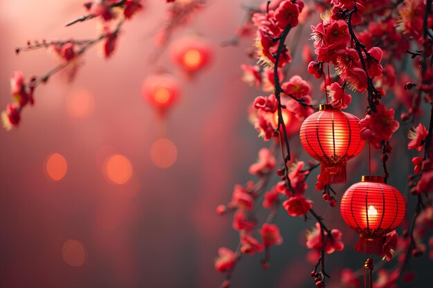 Red lanterns hanging on the branches of red flower