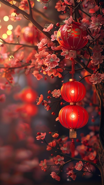 Red lanterns hanging from a tree with pink blossoms