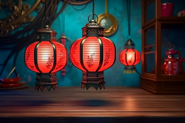 Red lanterns with copy space of Chinese New Year or Mid Autumn day festival concept Ai generated