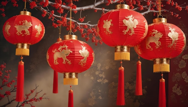 red lanterns with a red background and a red tree with red flowers