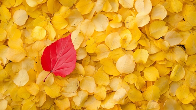 A red leaf is in the middle of a pile of yellow leaves